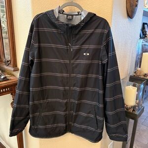 OAKLEY Men Black Striped Lightweight Hoodie Windbreaker Zip Jacket Size XL